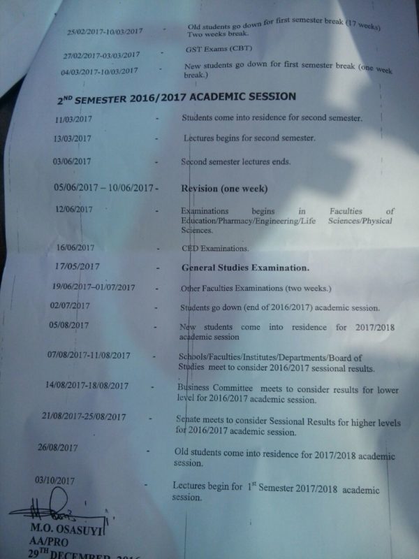 Uniben Calendar 2 IsMySchool