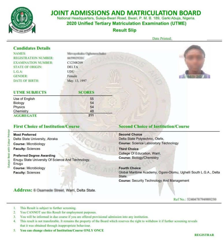 Jamb Utme Results 2024 Date Karyl Marylin   Sample Of Jamb Original Result Slip 